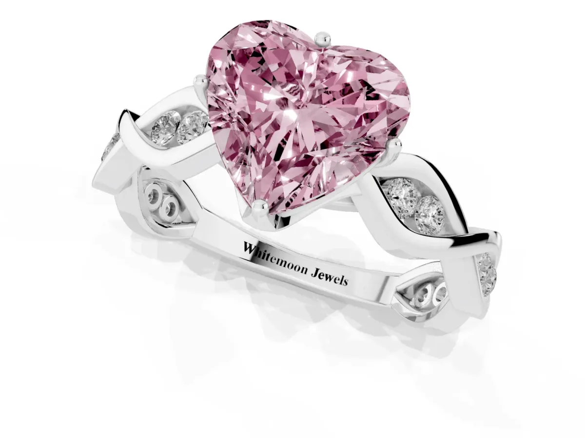 Fancy Pink Heart Cut Solitaire Twist Band with Leaf Prong Setting Platinum