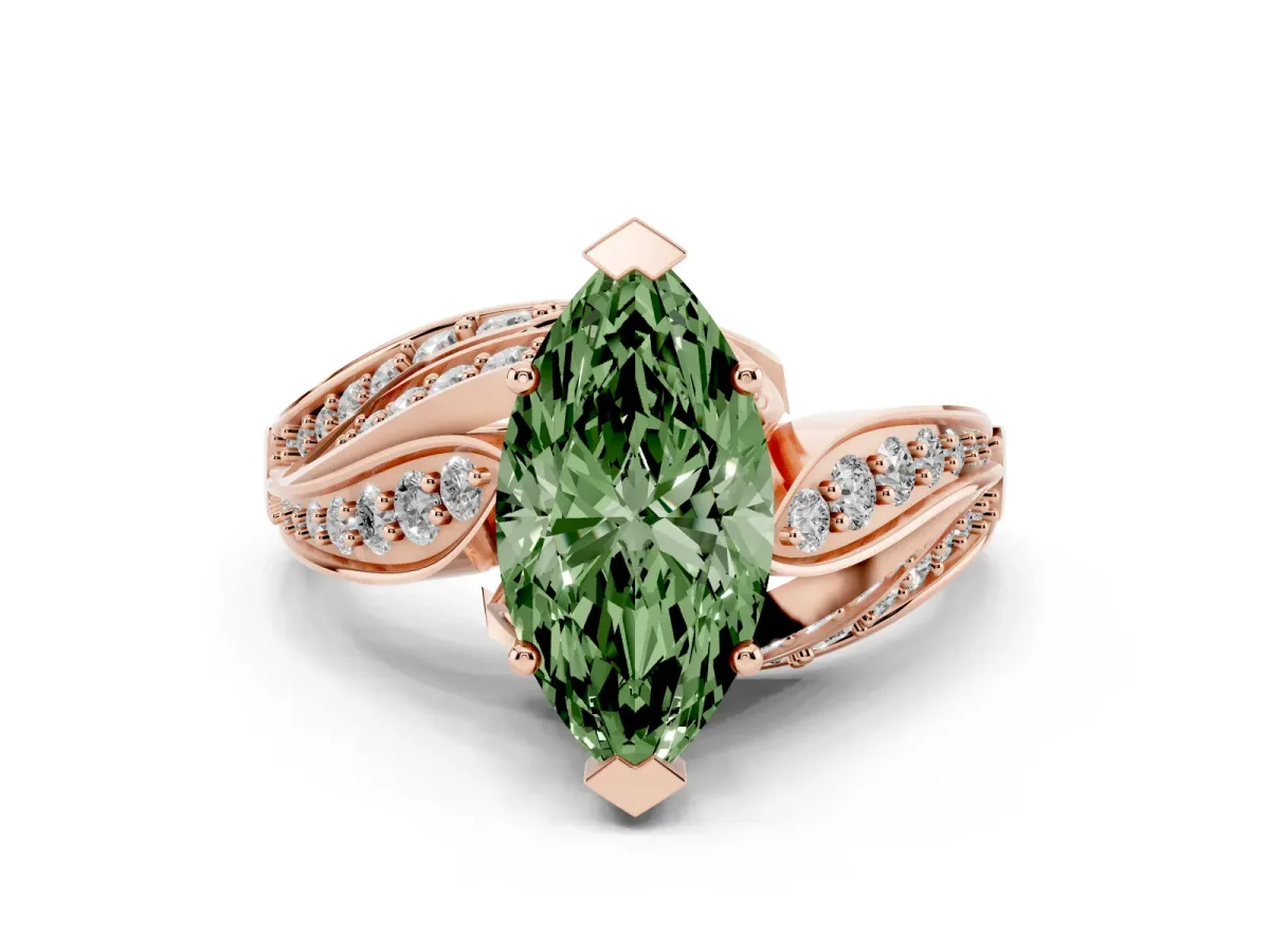 Fancy Green Marquise Cut Diamond Solitaire Ring with Prong Setting and Twisted Pavé Band Rose gold