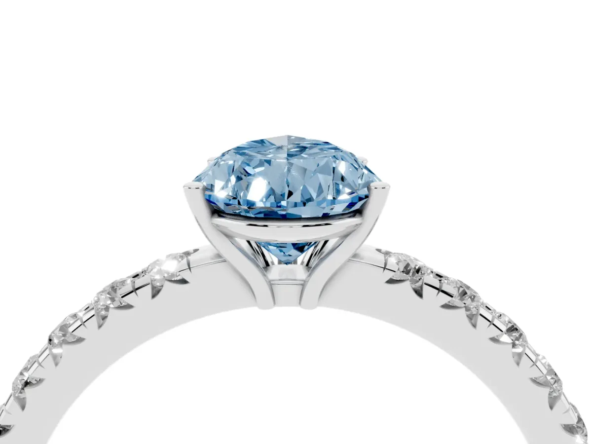 Fancy Blue Pear Cut Diamond Pavé Solitaire Engagement Ring with Four-Prong Setting Platinum