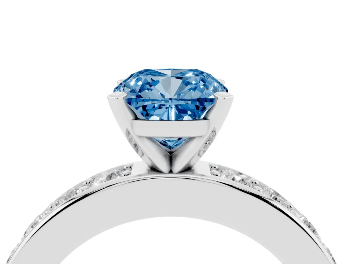 Fancy Blue Cushion Cut Diamond Engagement Ring with Channel Set Round Band and Prong Setting Silver