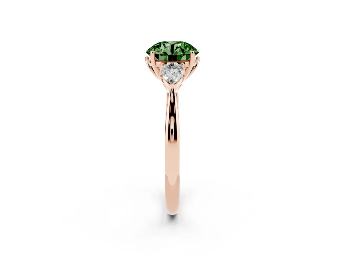 Fancy Green Round Cut Diamond Three-Stone Ring with Pear Side Stones and Prong Setting Rose gold