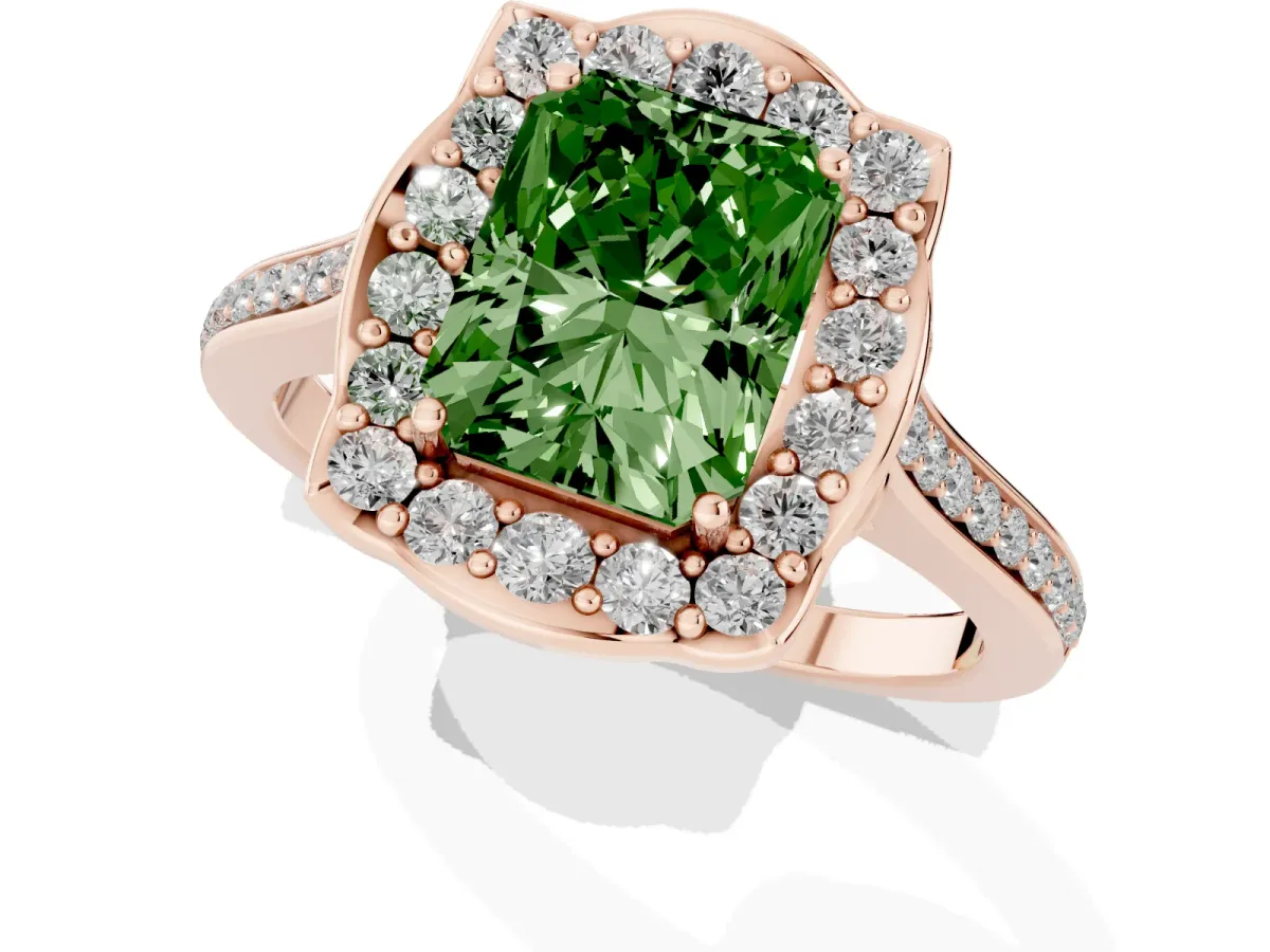 Fancy Green Radiant Cut Halo Round Diamond Pave Band with Four-Prong Setting Rose gold