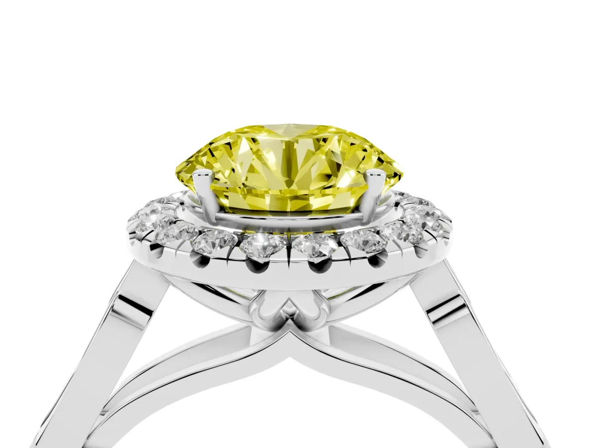 Fancy Yellow Round Cut Halo Diamond Engagement Ring with Filigree Band and Four-Prong Setting Platinum