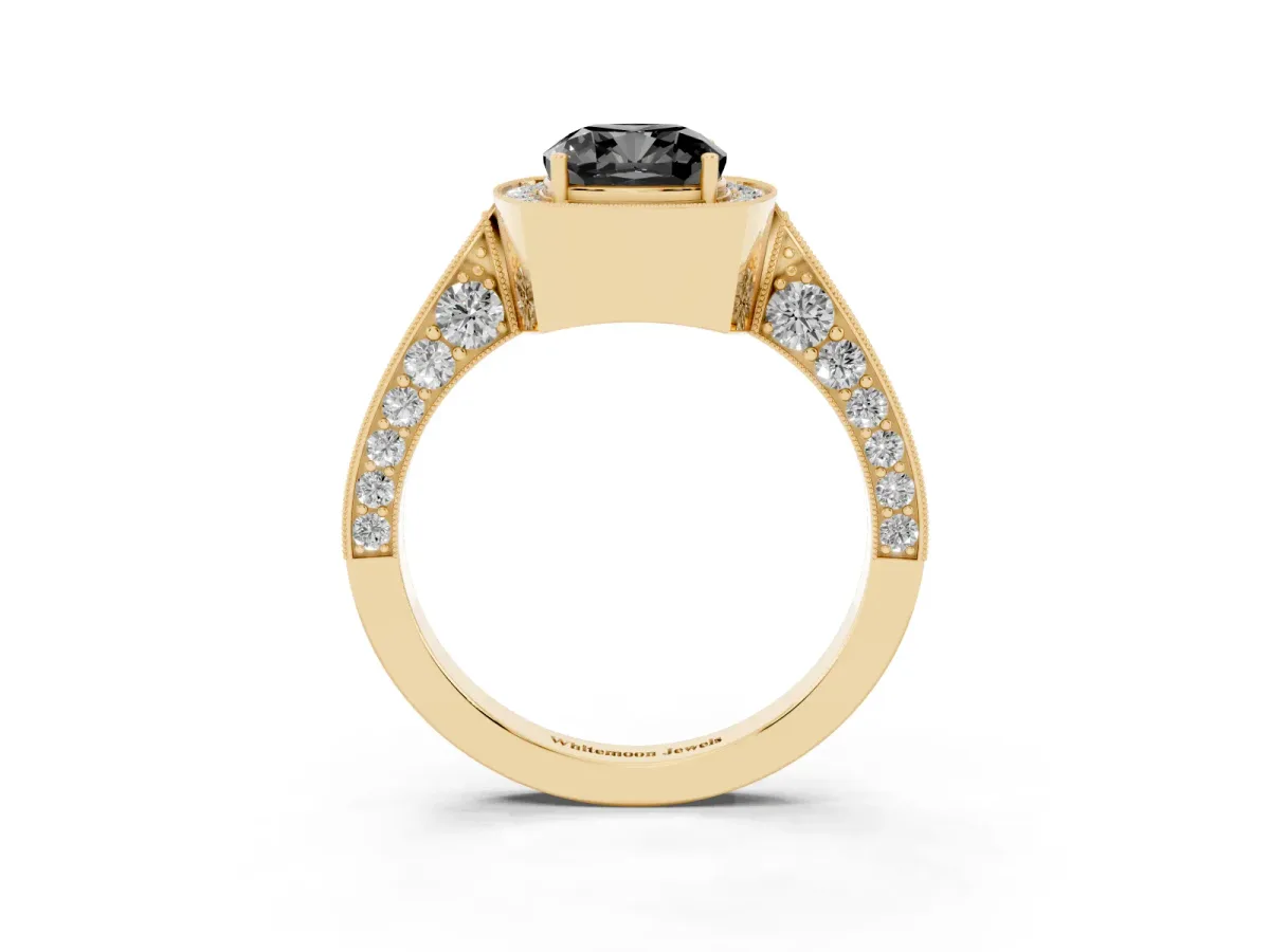 Fancy Black Cushion Cut Halo Diamond Engagement Ring with Split Shank Band and Four-Prong Setting Yellow gold