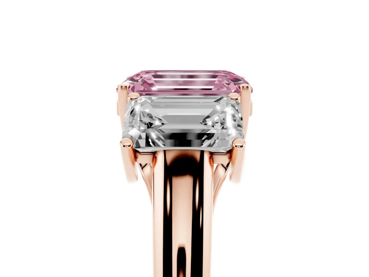 Fancy Pink Three-Stone Emerald Cut Diamond Engagement Ring with Prong Setting Rose gold