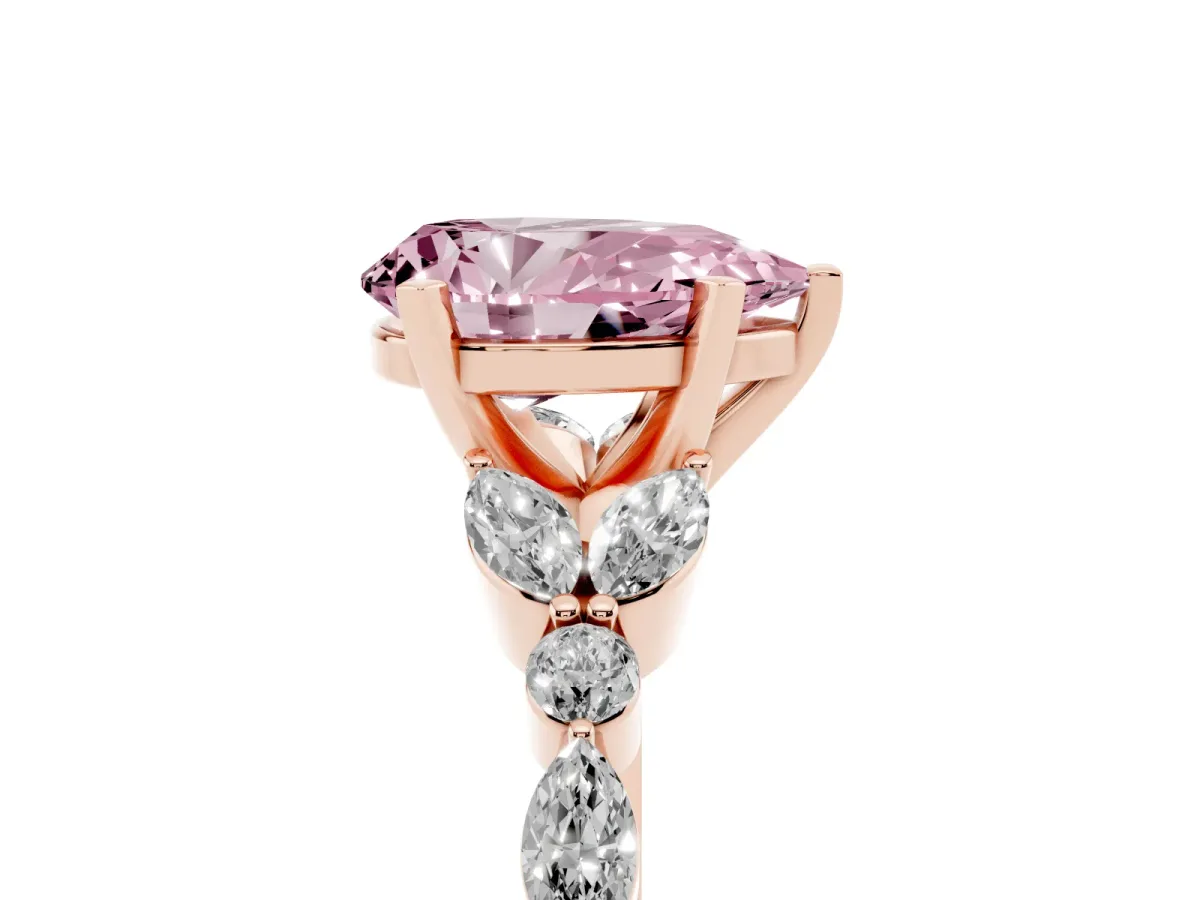 Fancy Pink Pear Cut Diamond Solitaire Ring with Side Stones and Four-Prong Setting Rose gold
