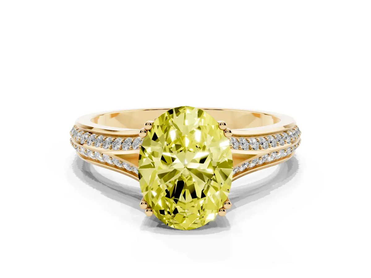 Fancy Yellow Oval Cut Diamond Split Shank Engagement Ring with Pavé Band Yellow gold
