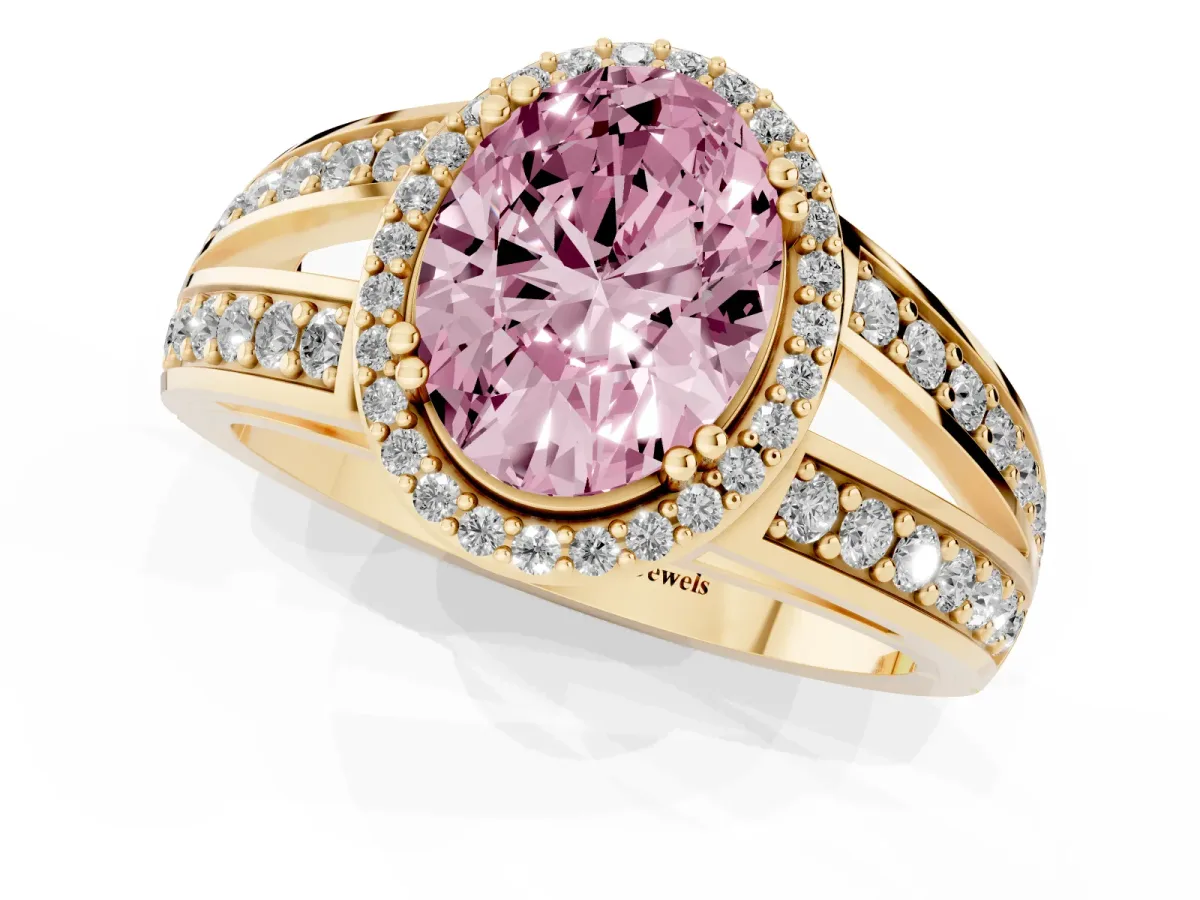 Fancy Pink Oval Cut Diamond Halo Ring with Split Shank Pavé Band and Four-Prong Setting Yellow gold