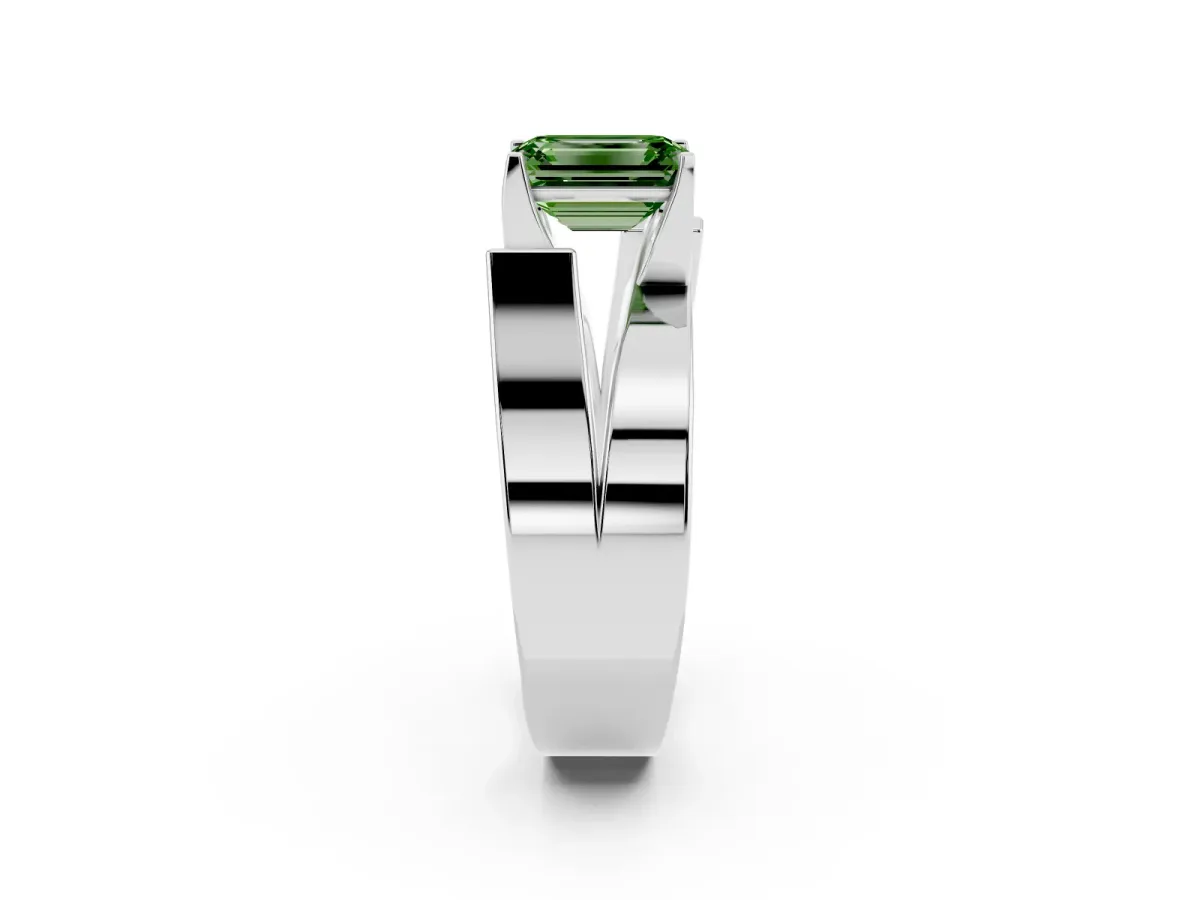 Fancy Green Modern Tension Set Emerald Cut Diamond Solitaire Wide Band Ring Silver
