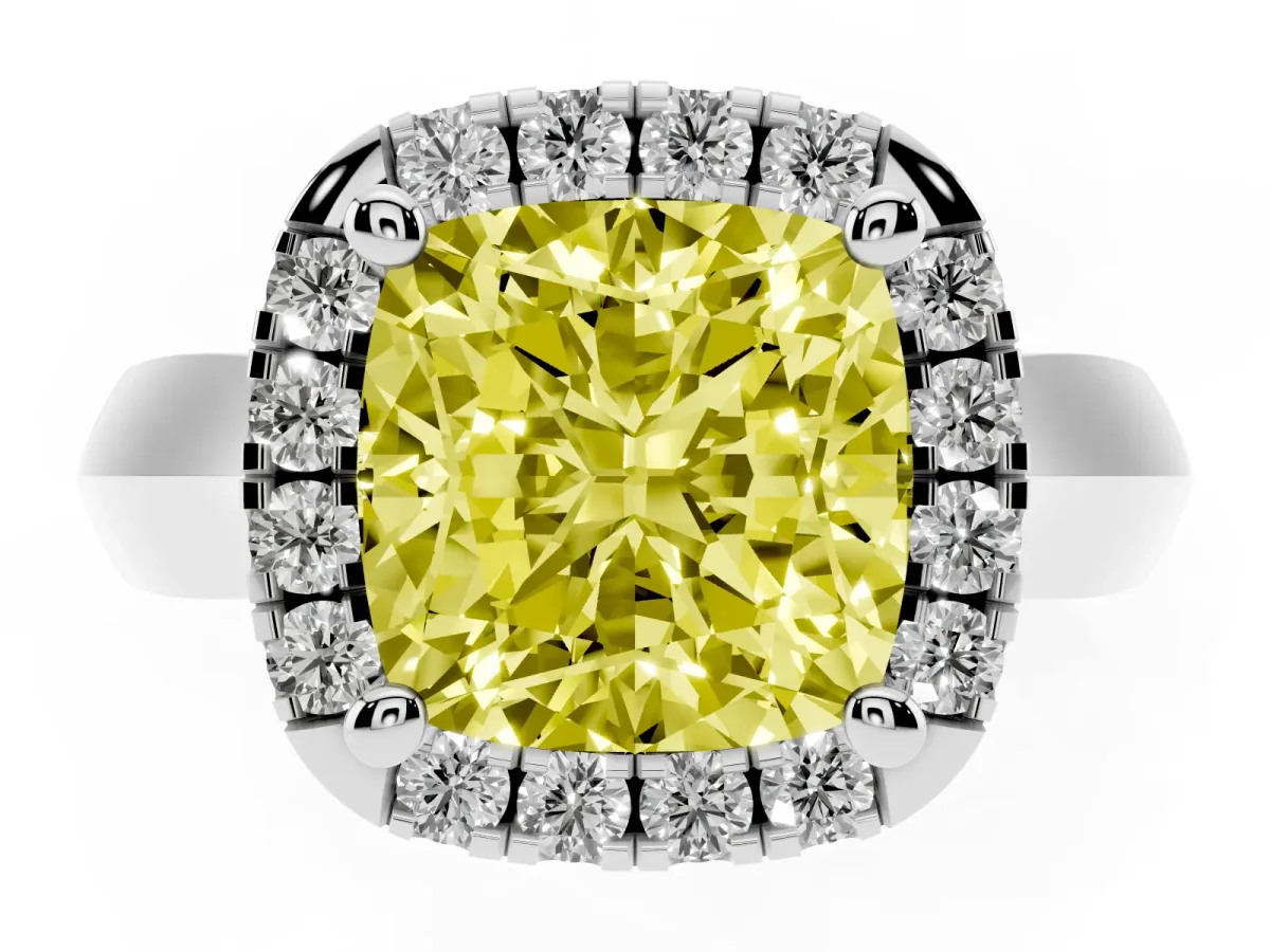 Fancy Yellow Cushion Cut Cut Halo Solitaire Engagement Ring with Square Band and Four-Prong Setting Platinum