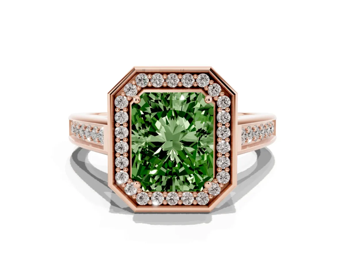 Fancy Green Emerald Cut Halo Solitaire Diamond Ring with Pave Band and Bezel Setting Rose gold