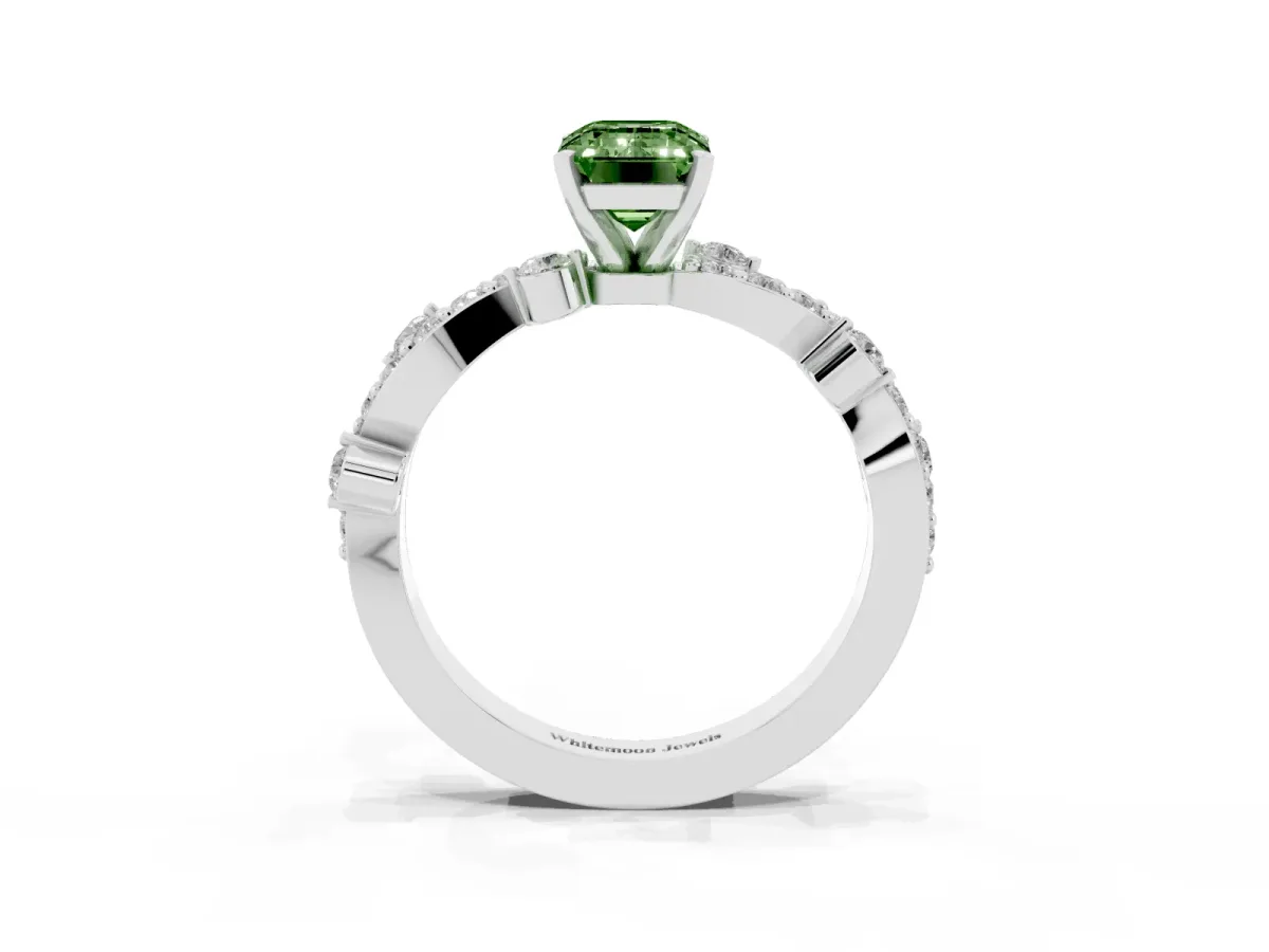 Fancy Green Emerald Cut Cut Solitaire Diamond Twisted Band with Pave Setting Platinum