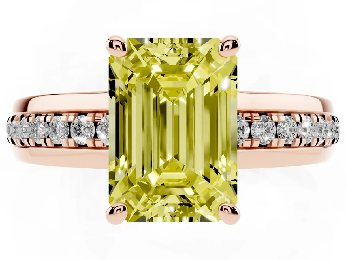Fancy Yellow Emerald Cut Solitaire Diamond Ring with Channel Set Band and Six-Prong Setting Rose gold
