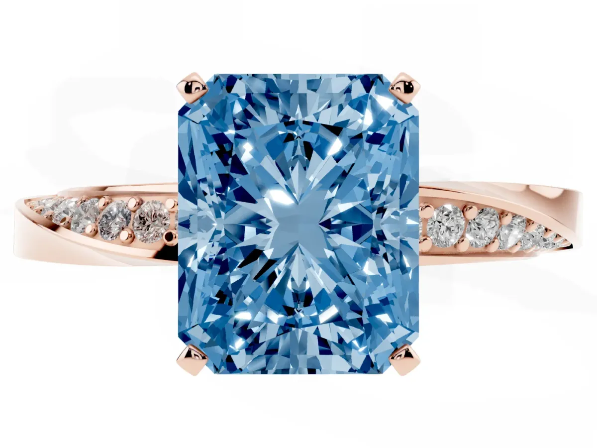 Fancy Blue Radiant Cut Diamond Engagement Ring with Side Stone Accents and Four-Prong Setting Rose gold