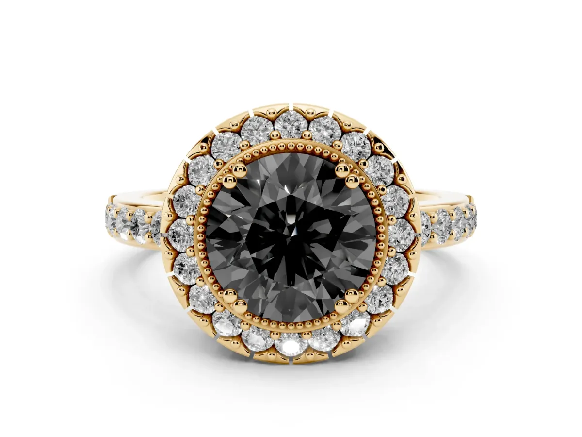 Fancy Black Round Cut Diamond Halo Ring with Pavé Band and Prong Setting Yellow gold