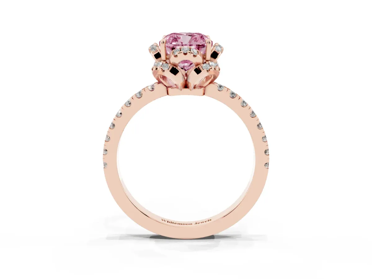 Fancy Pink Cushion Cut Halo Diamond Pave Band Ring with Four-Prong Setting Rose gold