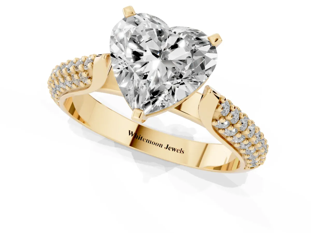 Heart Cut Diamond Solitaire Engagement Ring with Multi-Row Round Pavé Band and Prong Setting Yellow gold