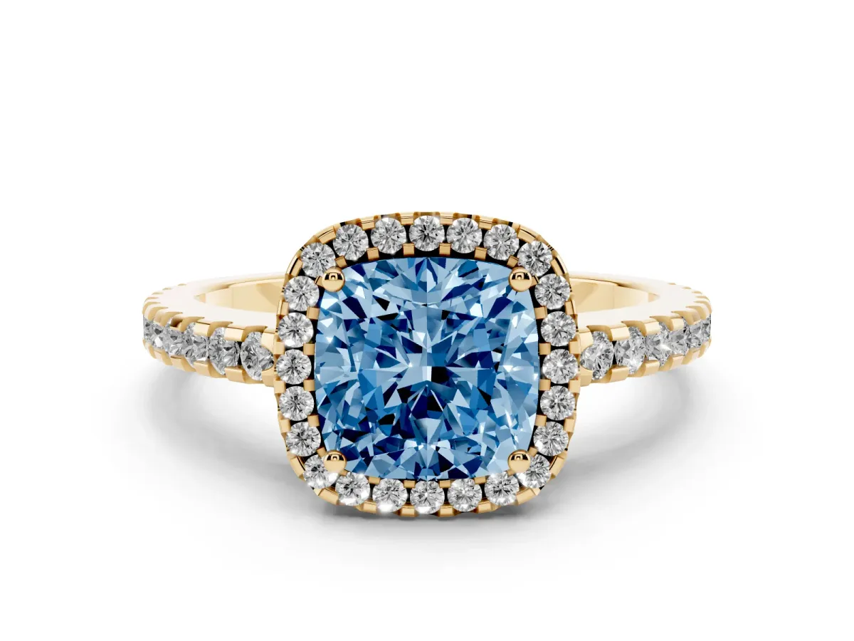 Fancy Blue Cushion Cut Diamond Halo Engagement Ring with Pavé Band and Prong Setting Yellow gold