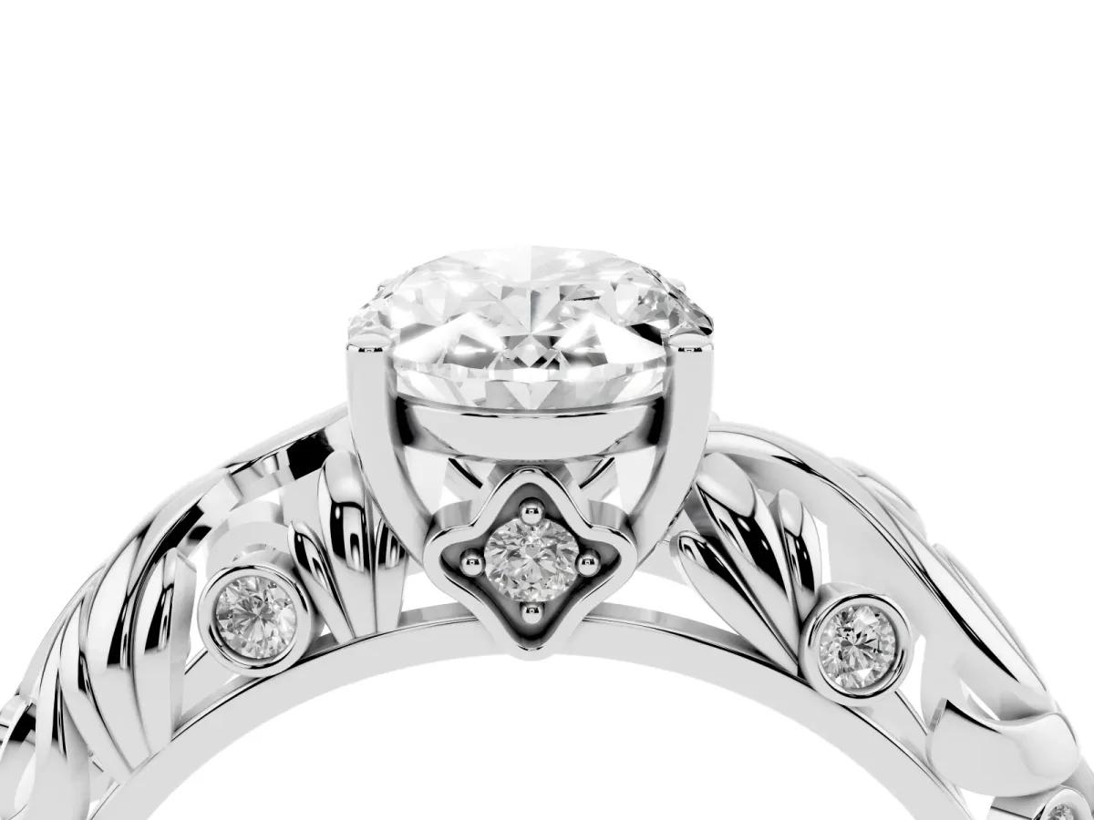 Oval Cut Solitaire Diamond Leaf-Inspired Vine Band Ring with Prong Setting Platinum