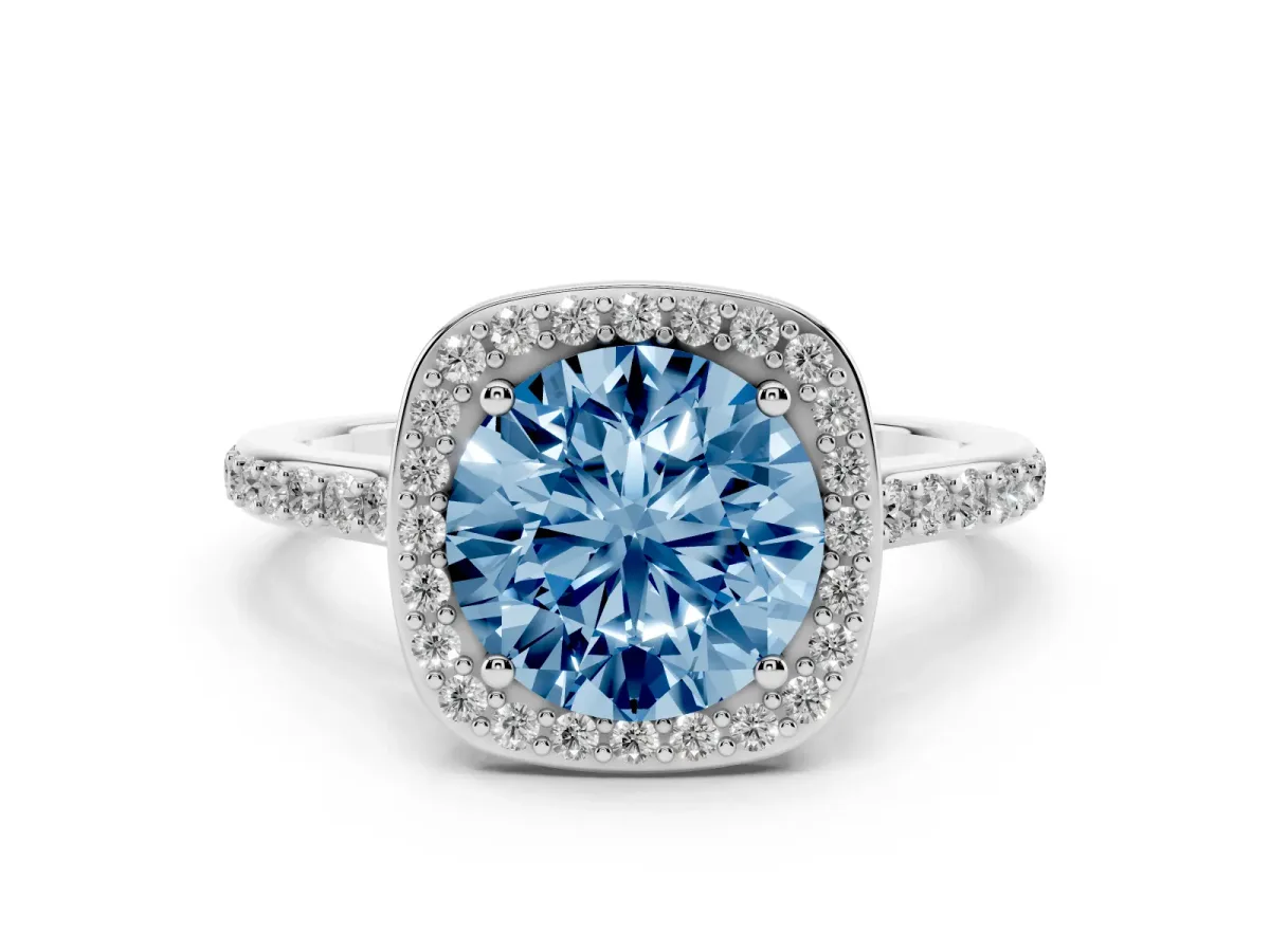 Fancy Blue Round Cut Diamond Halo Engagement Ring with Round Pavé Shoulders and Prong Setting Platinum