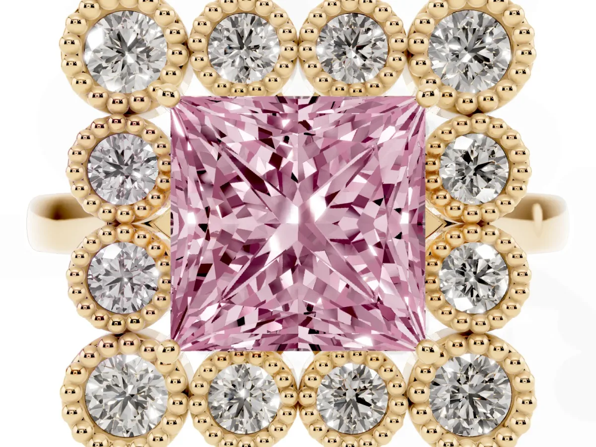 Fancy Pink Princess Cut Halo Diamond Cluster Engagement Ring with Milgrain Bezel Setting and Solitaire Band Yellow gold