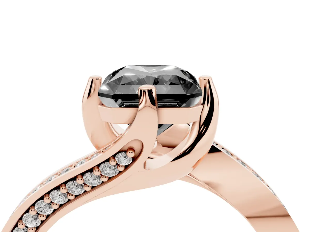 Fancy Black Radiant Cut Solitaire Diamond Twist Band with Pavé Setting and Four-Prong Setting Rose gold