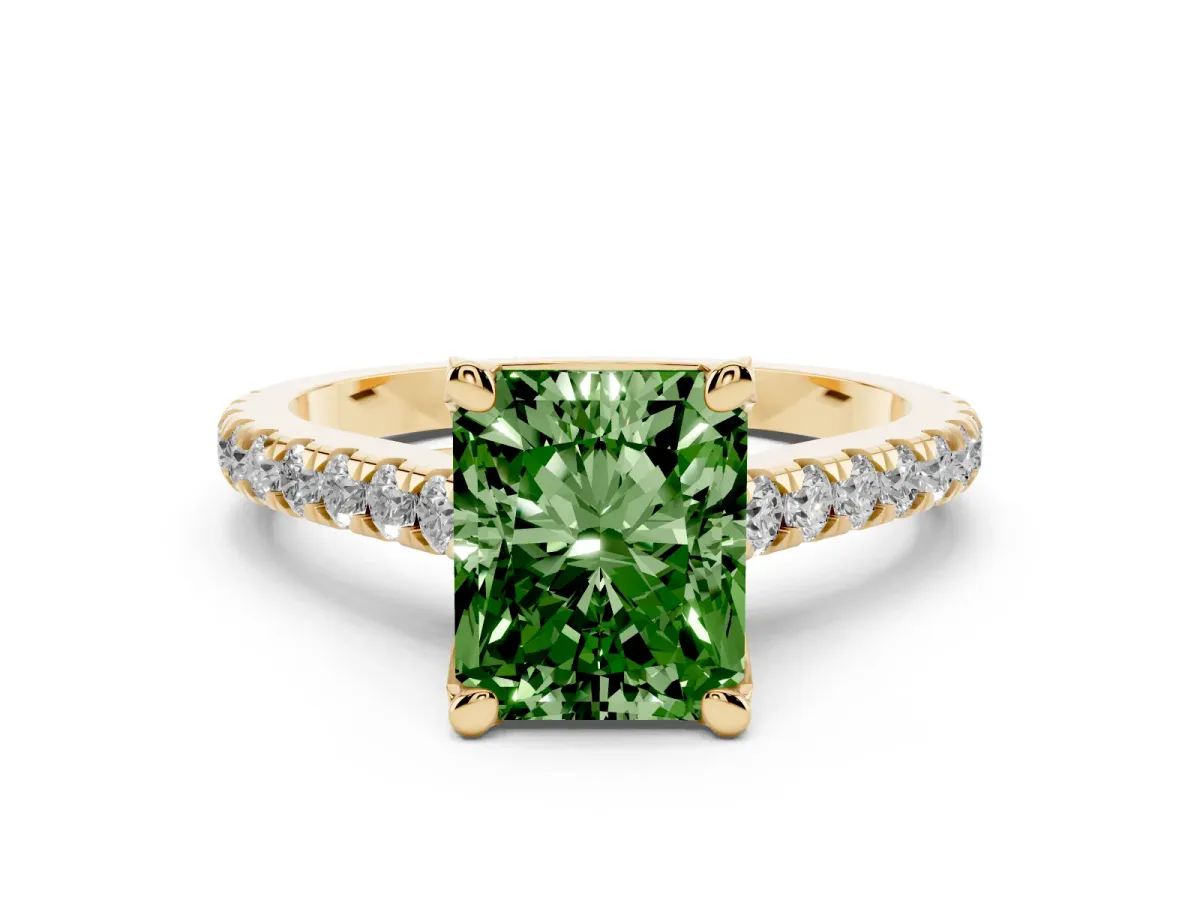 Fancy Green Radiant Cut Brilliant Diamond Solitaire with Pavé Band and Four-Prong Setting Yellow gold