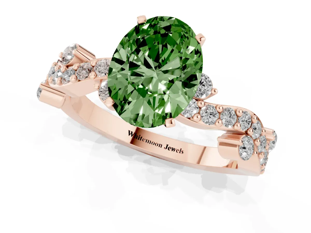 Fancy Green Oval Cut Cut Solitaire Diamond Twisted Band with Pave Setting Rose gold