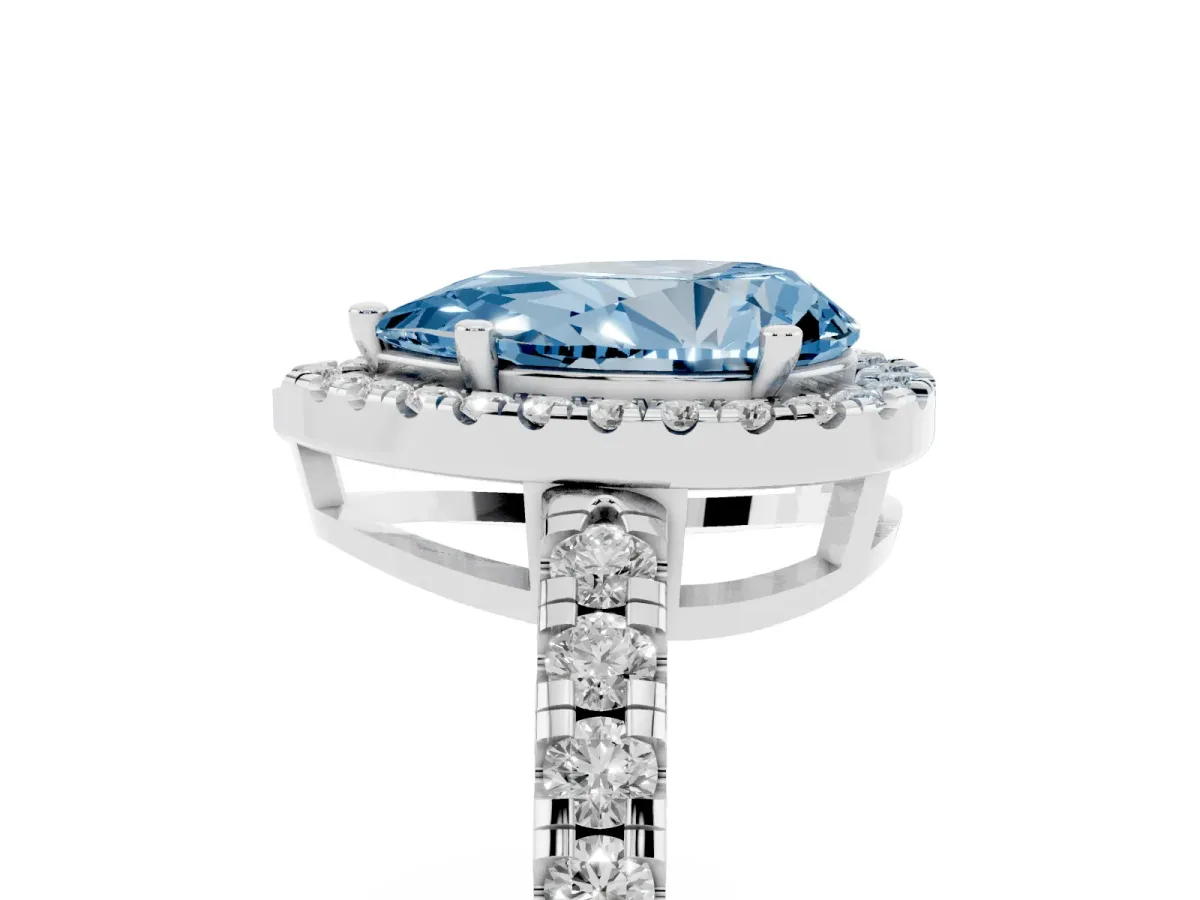Fancy Blue Pear Cut Diamond Halo Ring with Pavé Band and Four-Prong Setting White gold