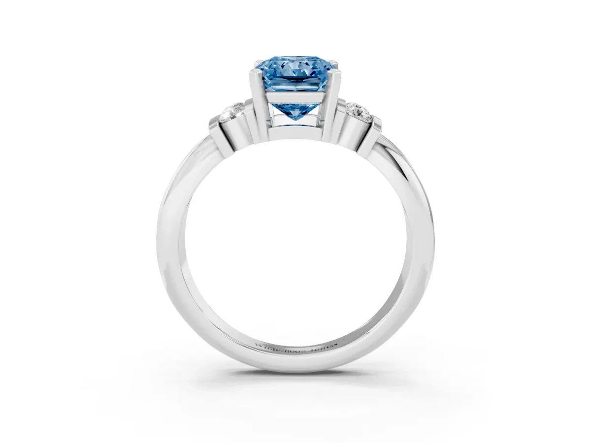 Fancy Blue Radiant Cut Cut Three-Stone Channel Set Ring with Bar Prongs Silver