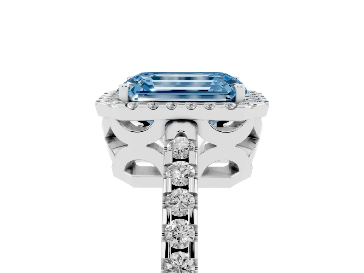 Fancy Blue Emerald Cut Diamond Halo Engagement Ring with Pavé Band and Prong Setting White gold