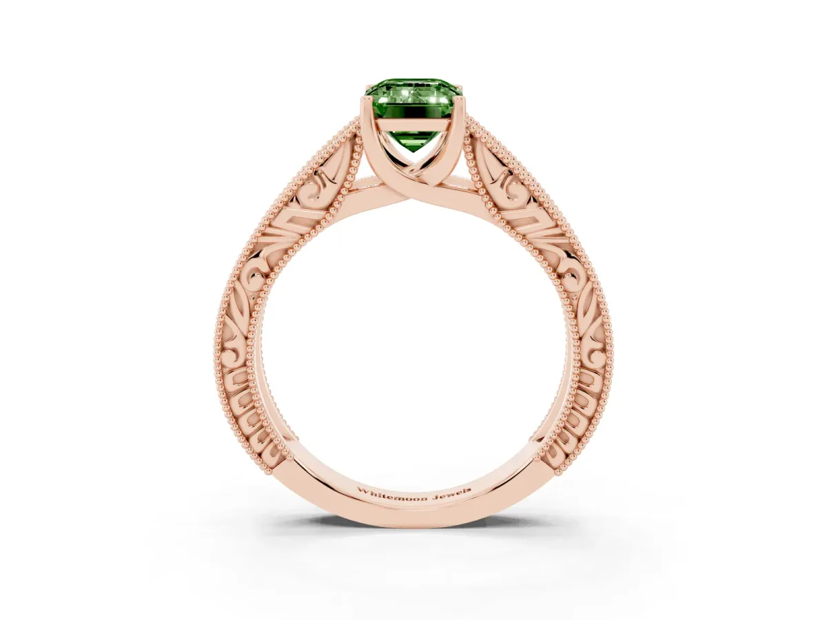 Fancy Green Emerald Cut Diamond Solitaire Ring with Engraved Band and Four-Prong Setting Rose gold
