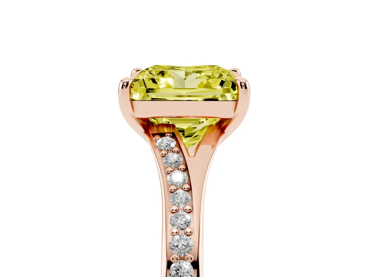 Fancy Yellow Princess Cut Diamond Solitaire Ring with Pavé Band and Prong Setting Rose gold