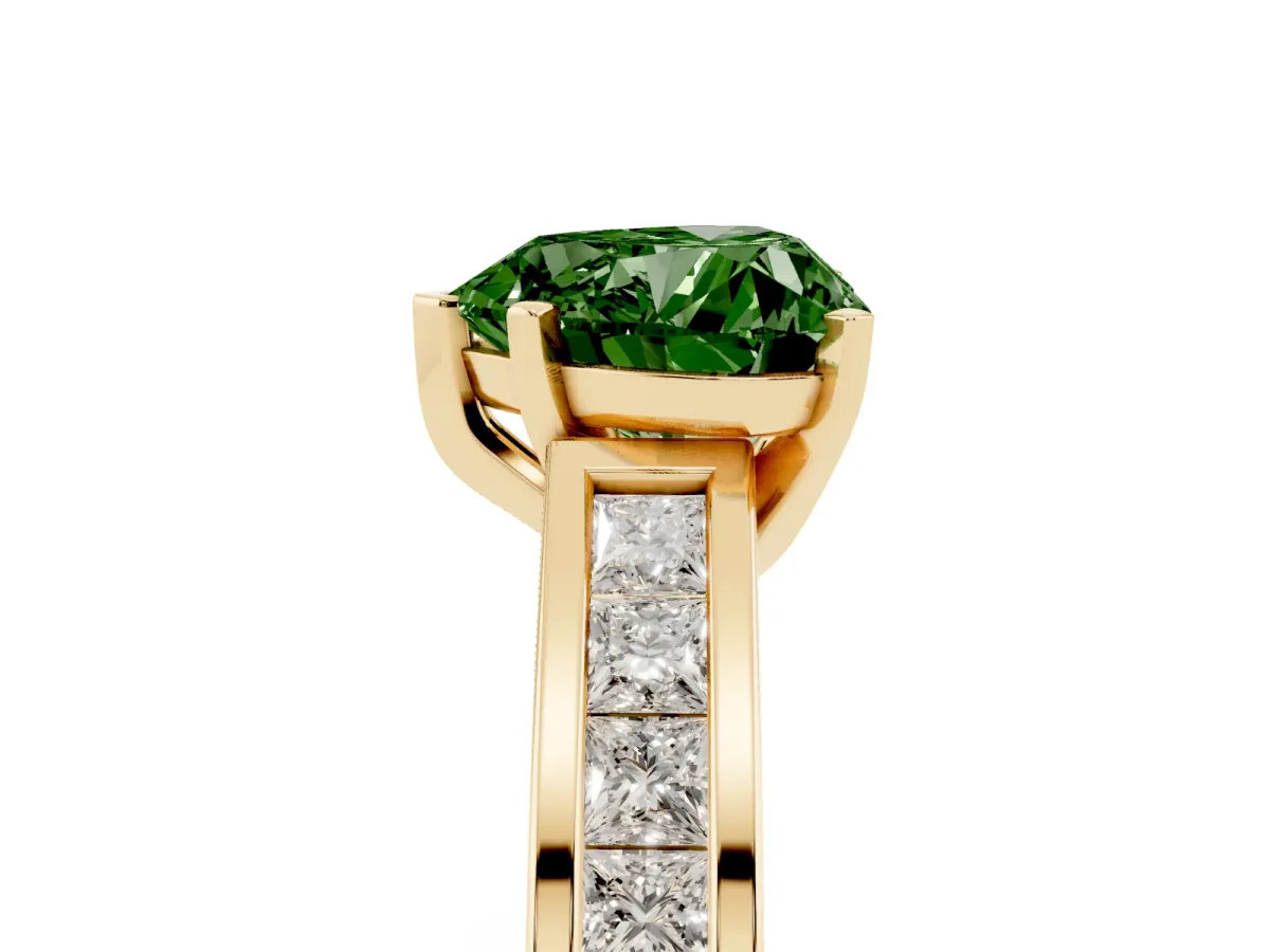 Fancy Green Heart Cut Solitaire Diamond Ring with Channel-Set Band and Four-Prong Setting Yellow gold