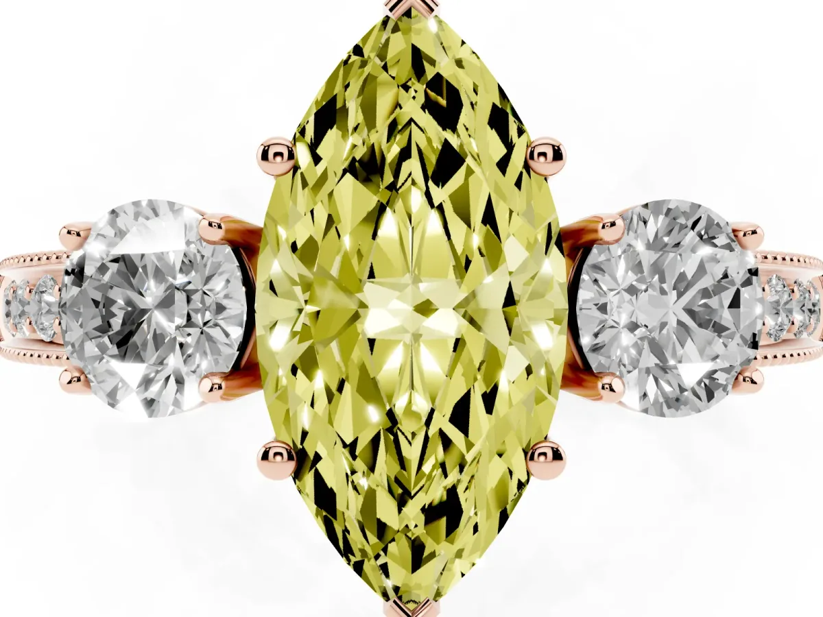 Fancy Yellow Marquise Cut Three-Stone Diamond Ring with Pavé Band and Four-Prong Setting Rose gold