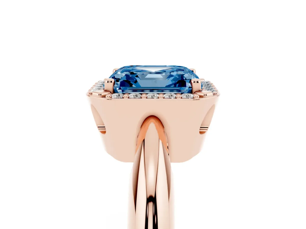 Fancy Blue Asscher Cut Cut Diamond Halo Engagement Ring with Split Shank and Four-Prong Setting Rose gold