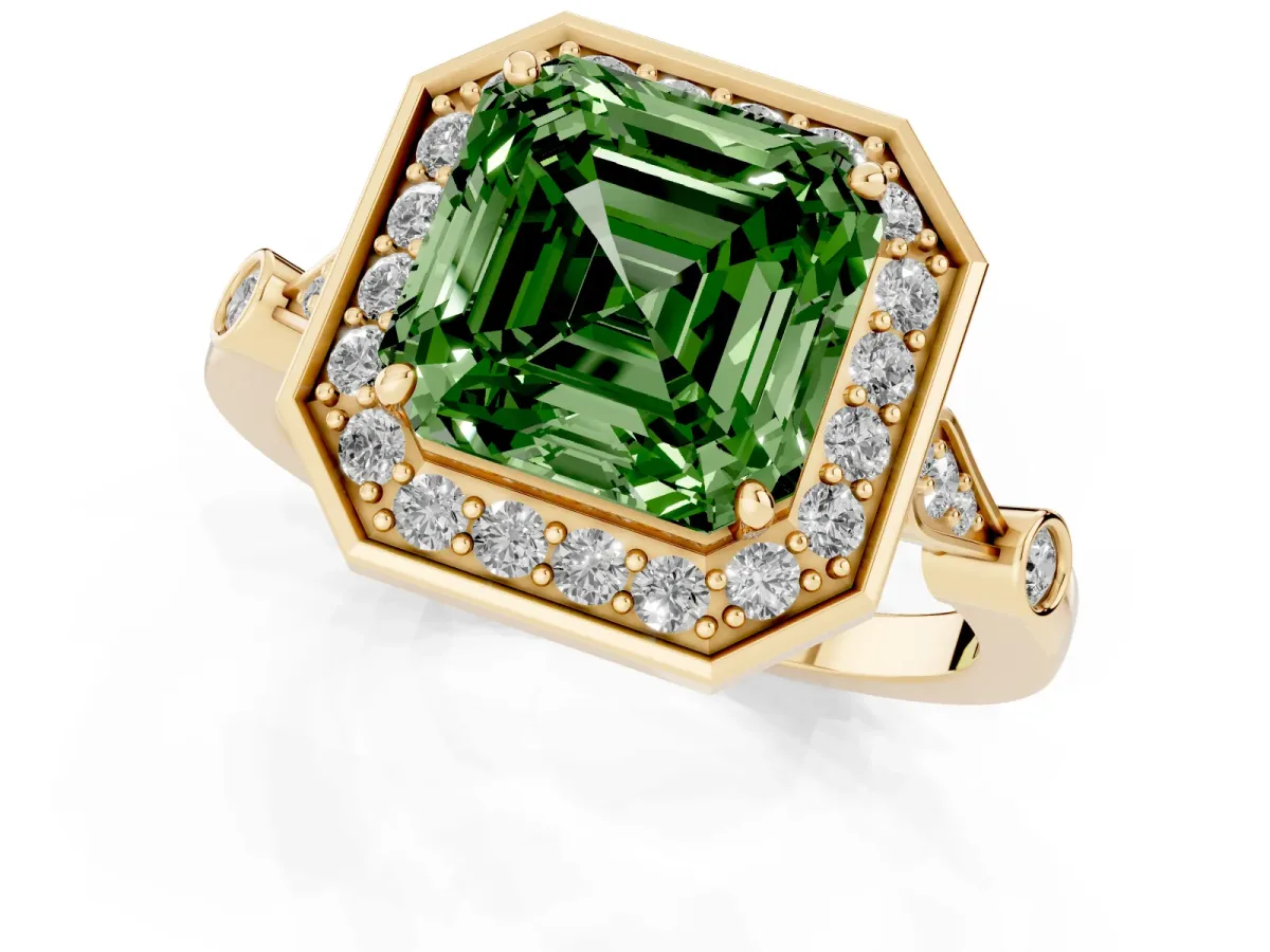 Fancy Green Asscher Cut Halo Diamond Engagement Ring with Twisted Band and Four-Prong Setting Yellow gold