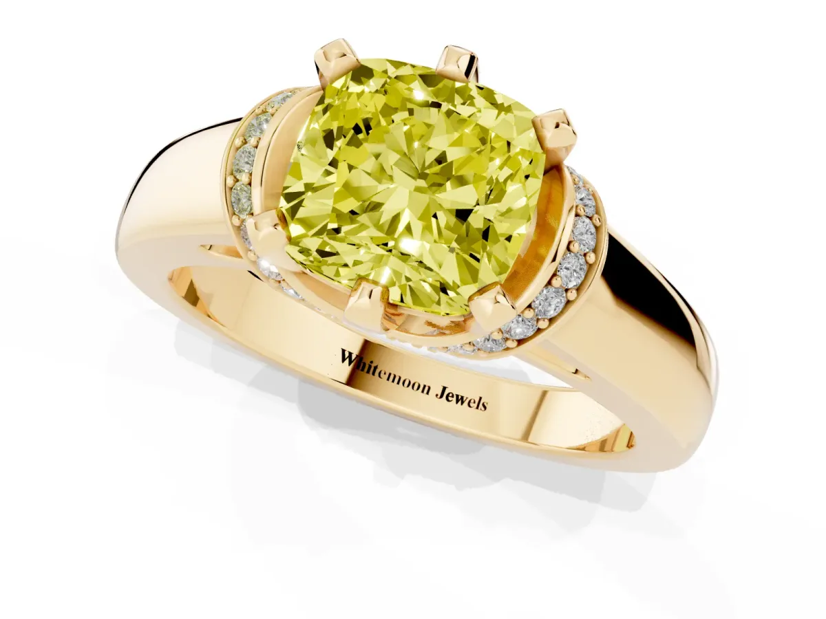 Fancy Yellow Cushion Cut Solitaire Diamond Ring with Pave Band and Six-Prong Setting Yellow gold
