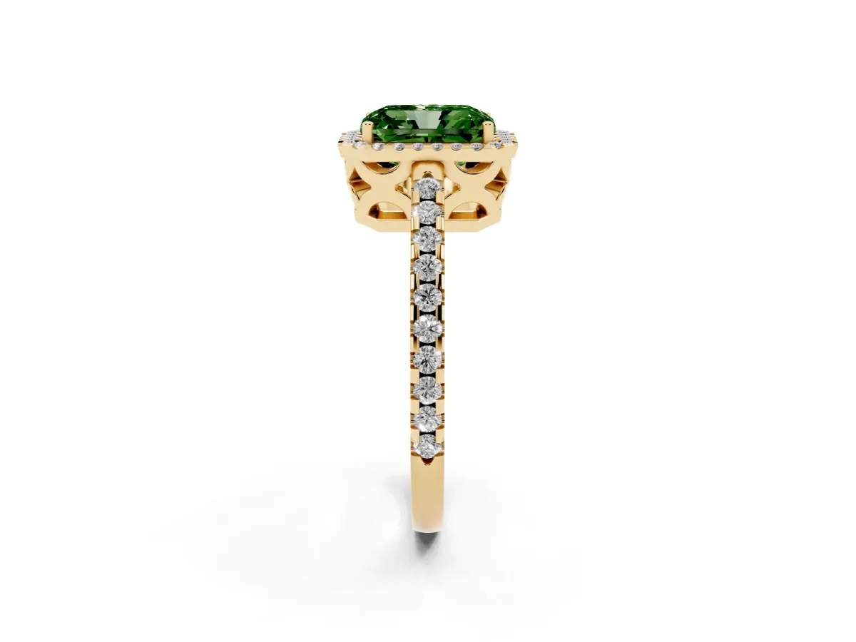 Fancy Green Radiant Cut Diamond Halo Engagement Ring with Pavé Band and Prong Setting Yellow gold