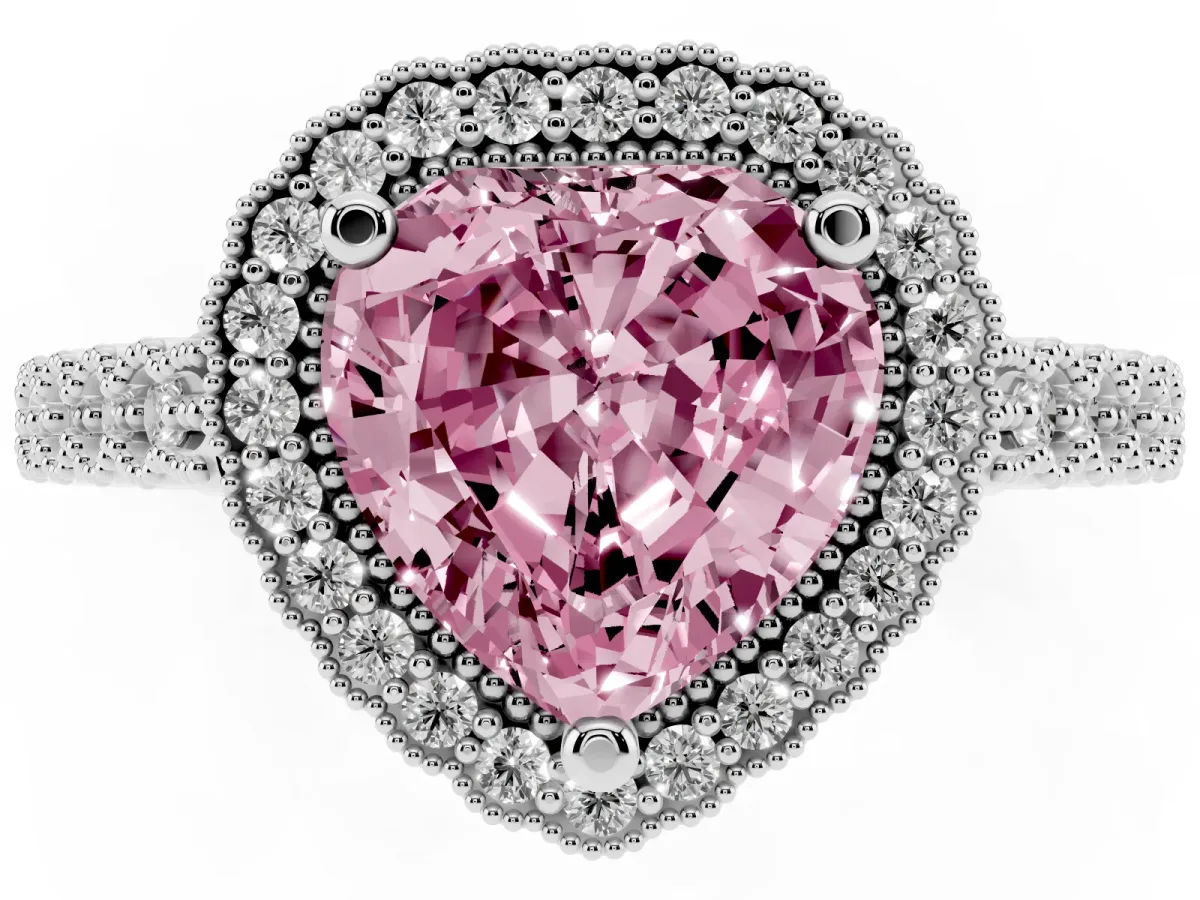 Fancy Pink Heart Cut Cut Halo Pavé Solitaire Ring with Milgrain Band Platinum