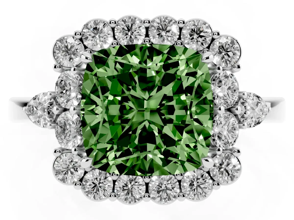 Fancy Green Cushion Cut Diamond Halo Ring with Pear Side Stones and Prong Setting Silver