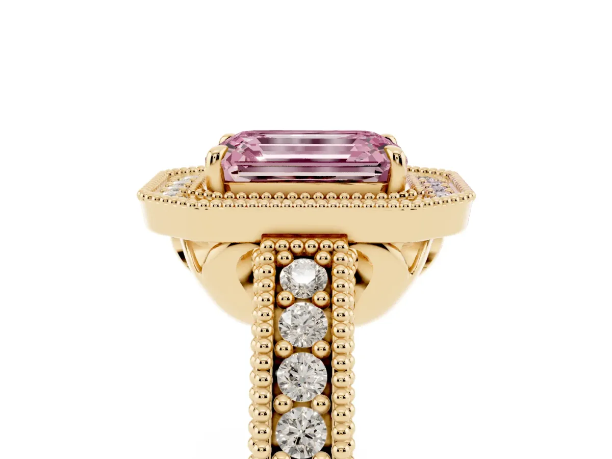 Fancy Pink Emerald Cut Cut Halo Diamond Ring with Pavé Band and Four-Prong Setting Yellow gold