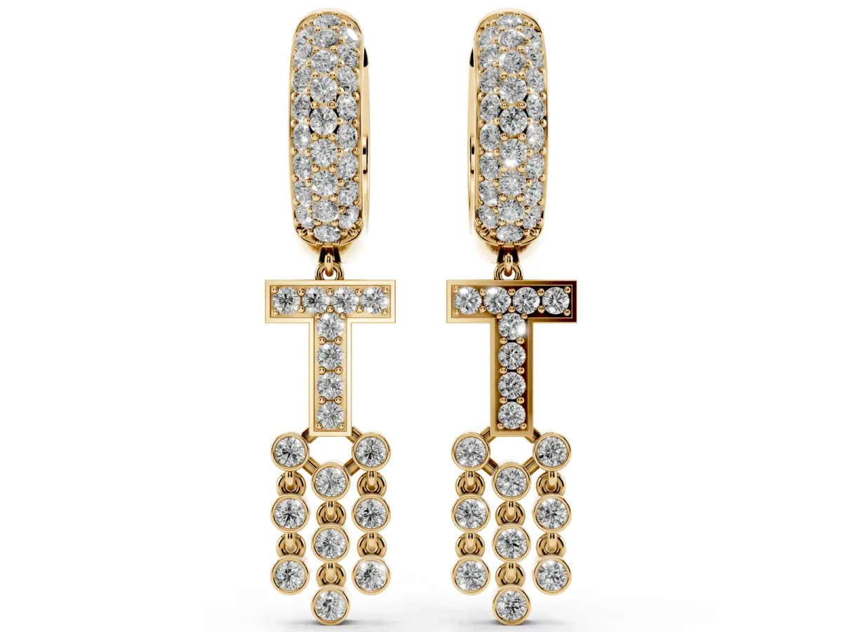 Round Diamond Initial T Huggie Hoop Earrings Yellow gold