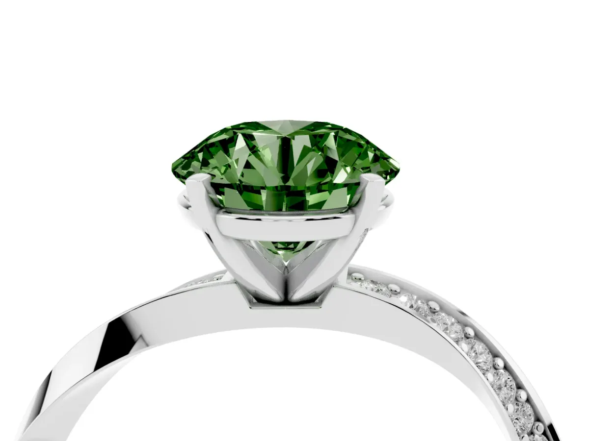 Fancy Green Round Cut Diamond Engagement Ring with Side Stone Accents and Four-Prong Setting White gold