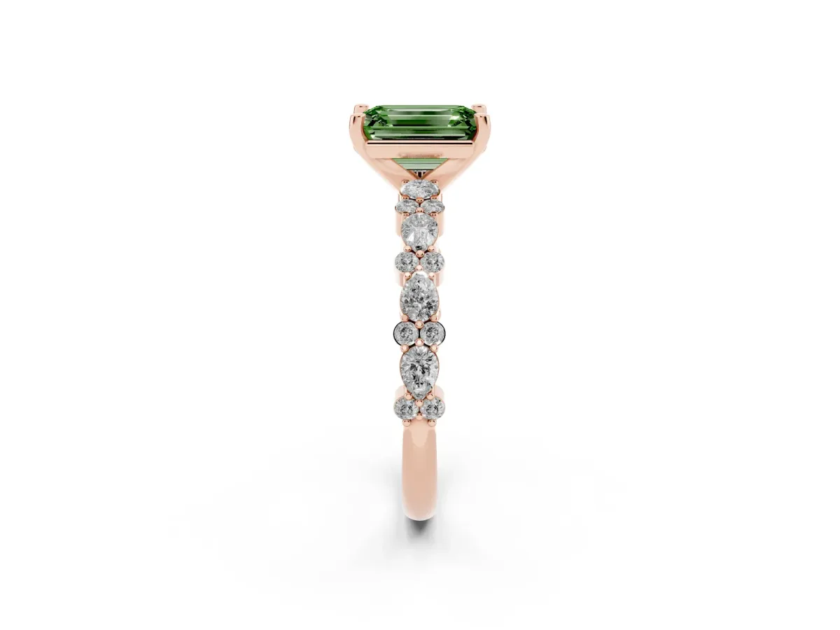 Fancy Green Emerald Cut Diamond Side Stone Solitaire Ring with Round and Four-Prong Setting Rose gold