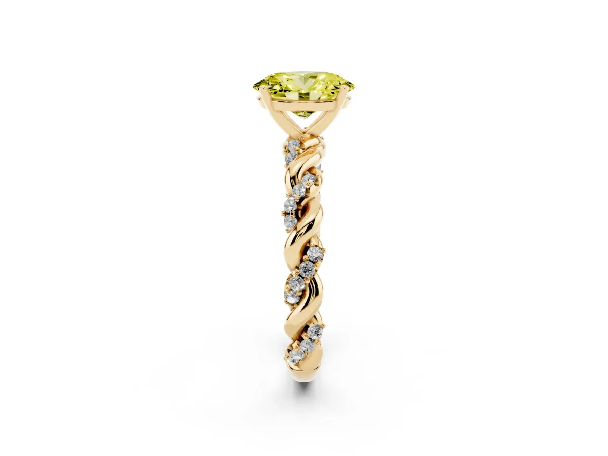 Fancy Yellow Oval Cut Diamond Solitaire Ring with Twisted Band and Pavé Accents Yellow gold