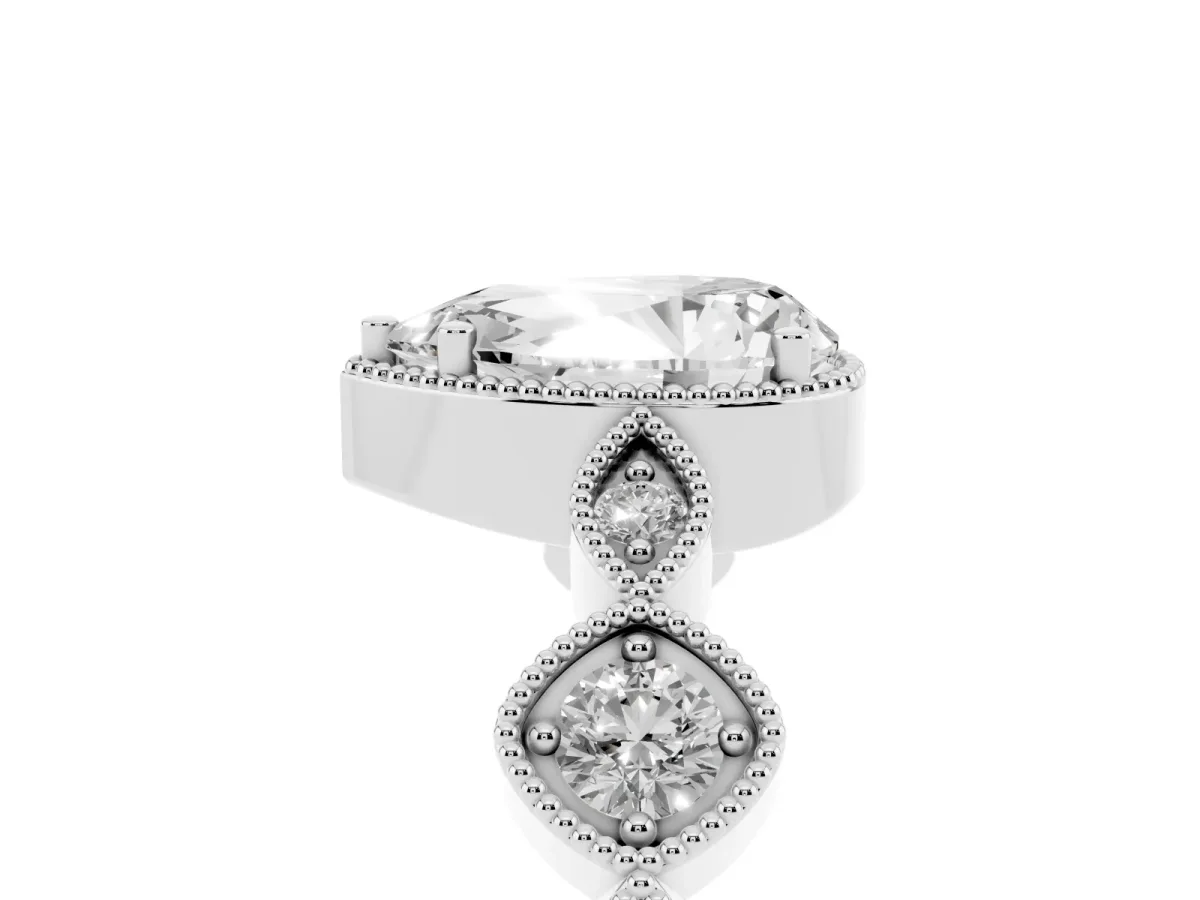 Pear Cut Diamond Vintage Milgrain Ring with Round Stations Silver