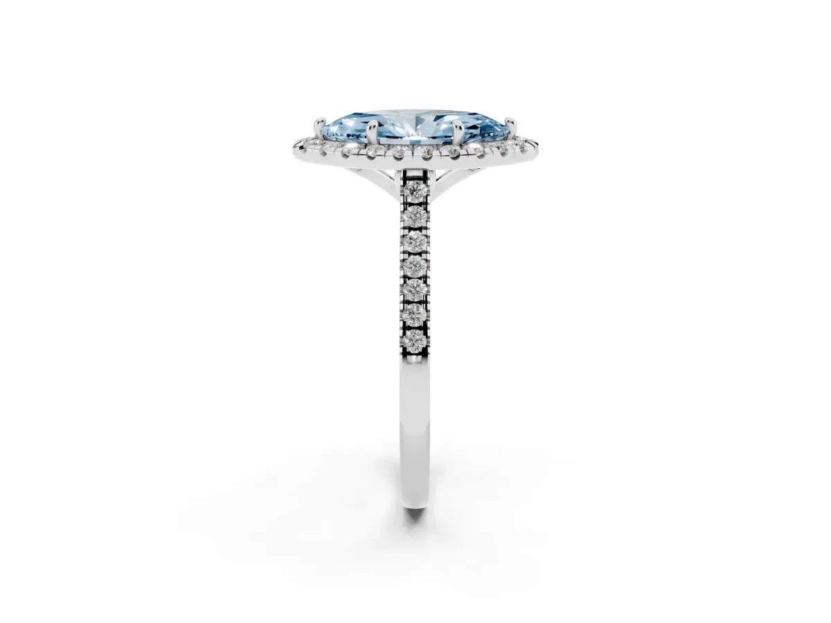 Fancy Blue Marquise Cut Diamond Cushion Halo Ring with Pavé Band Platinum