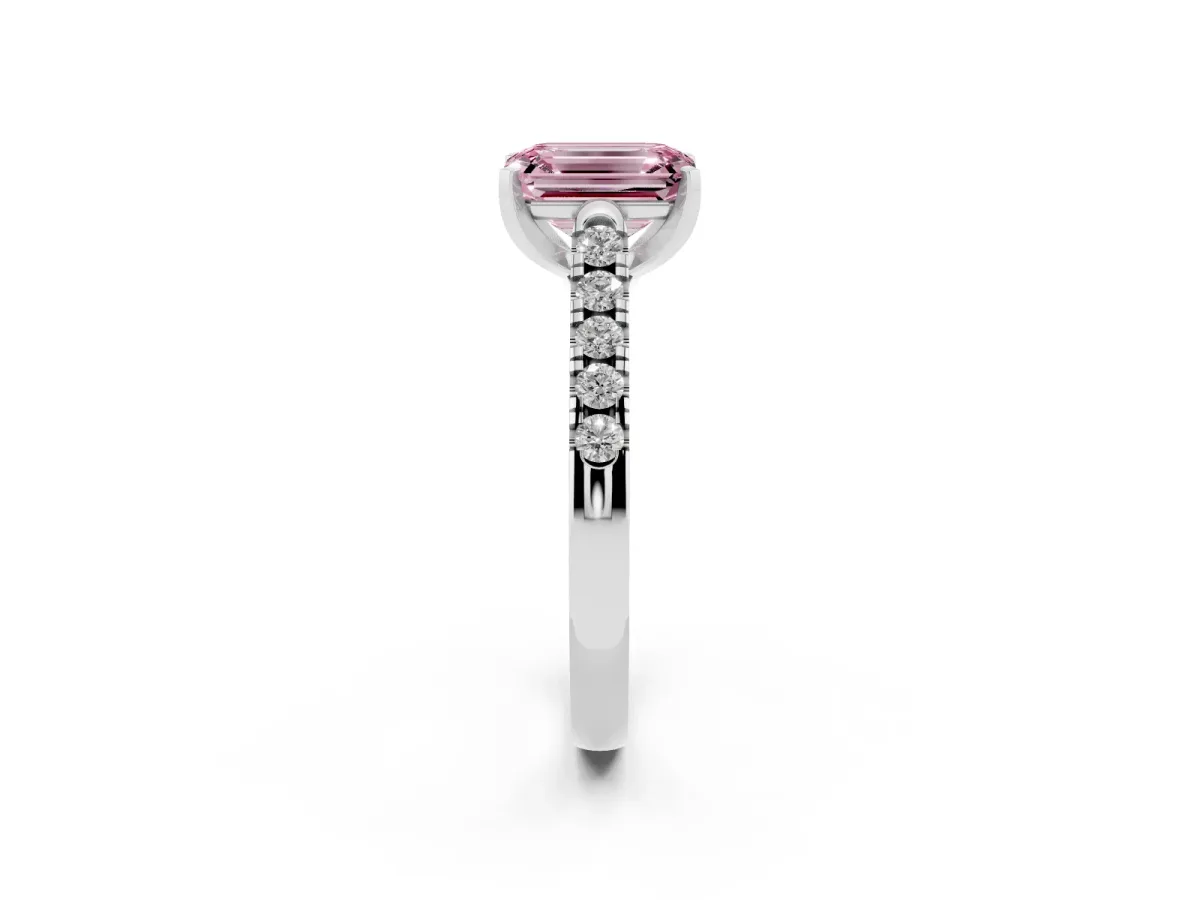 Fancy Pink Emerald Cut Diamond Pavé Band Solitaire Ring with Prong Setting Platinum