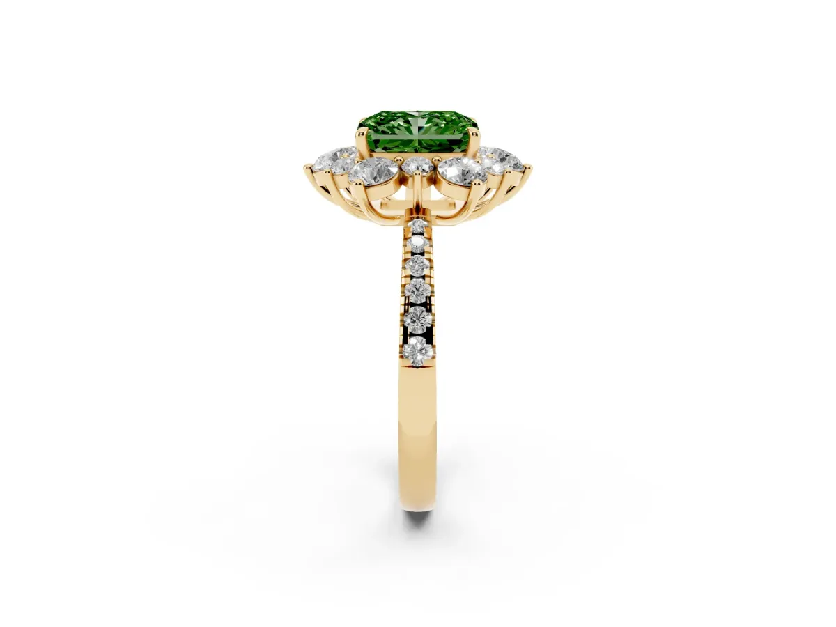 Fancy Green Radiant Cut Diamond Floral Halo Ring with Round Pavé Band and Prong Setting Yellow gold